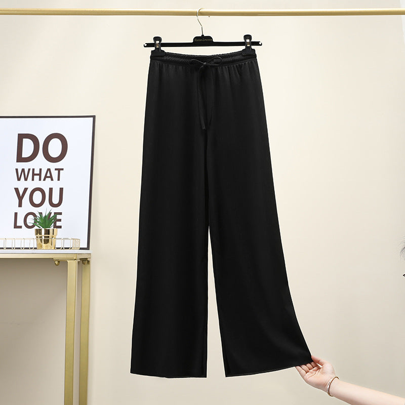 Ice Silk High Waist Wide-Leg Pants Trousers for Women - Black