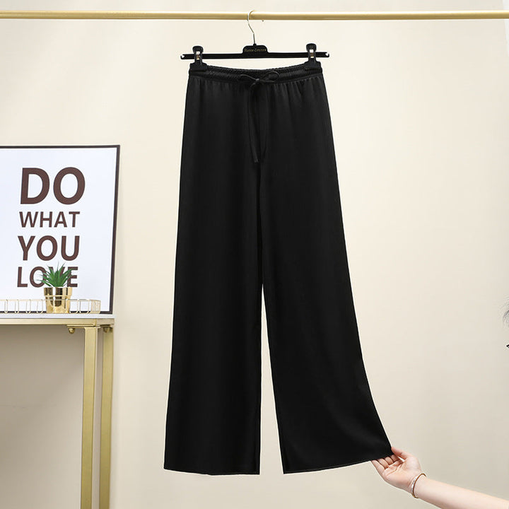 Ice Silk High Waist Wide-Leg Pants Trousers for Women - Black