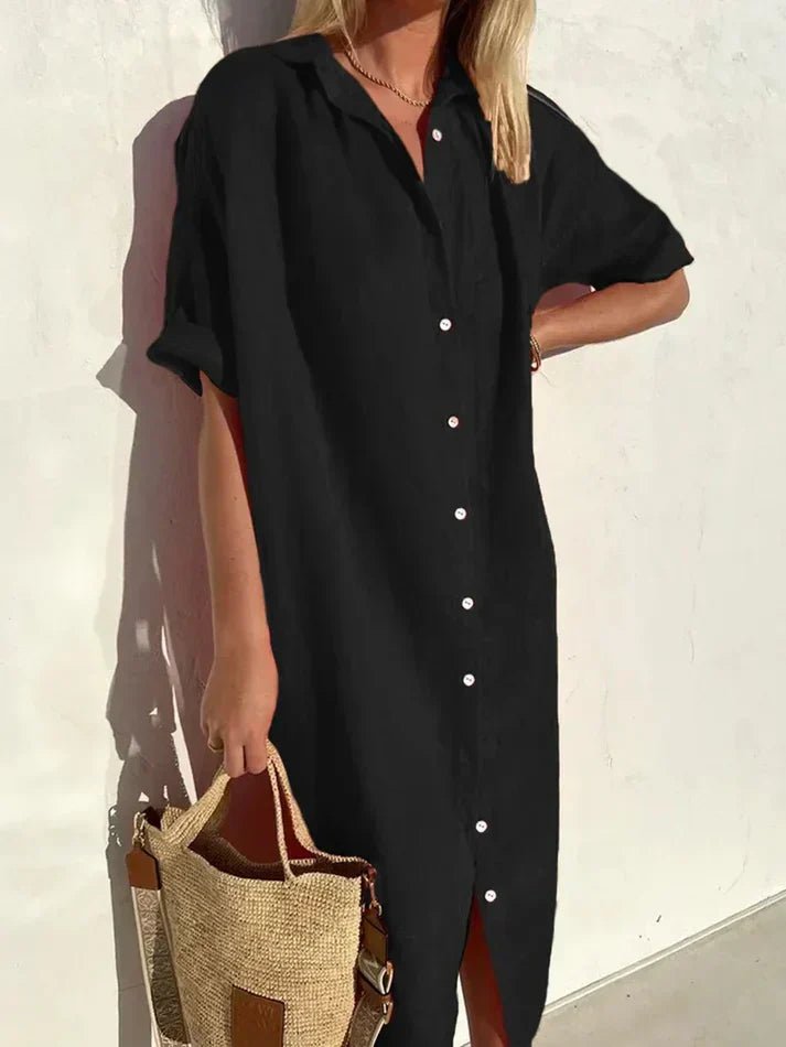 Wide-Sleeve Cotton Linen Dress with Button Accents