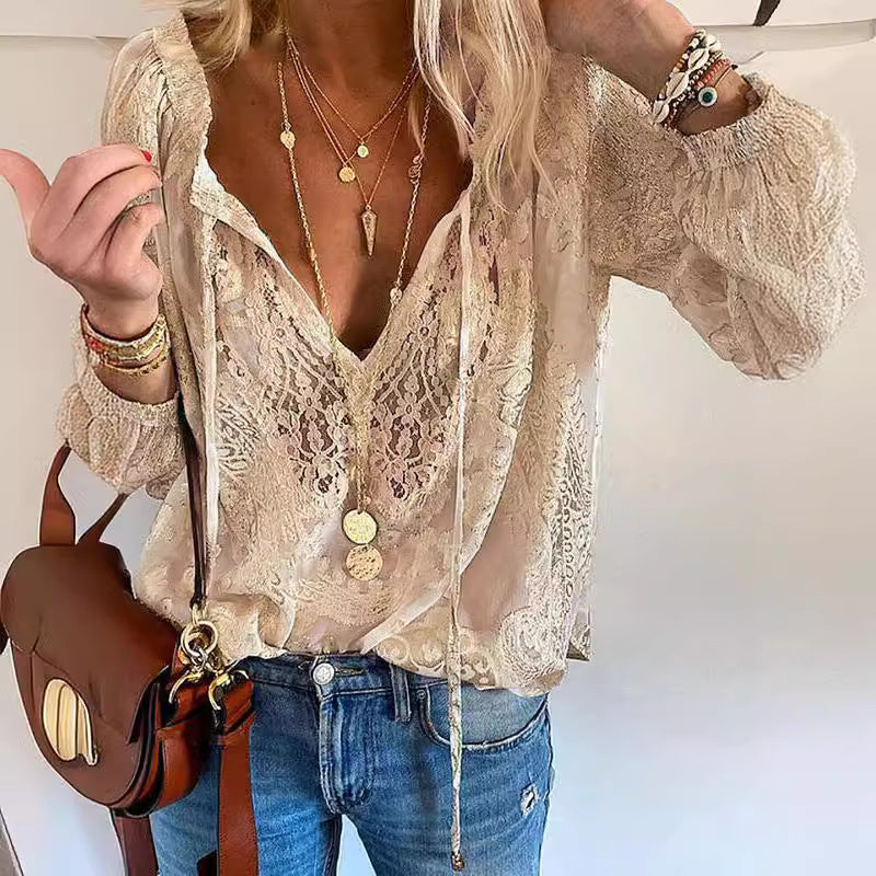 Lace-Trim Relaxed-Fit Top with Delicate Neckline Detail
