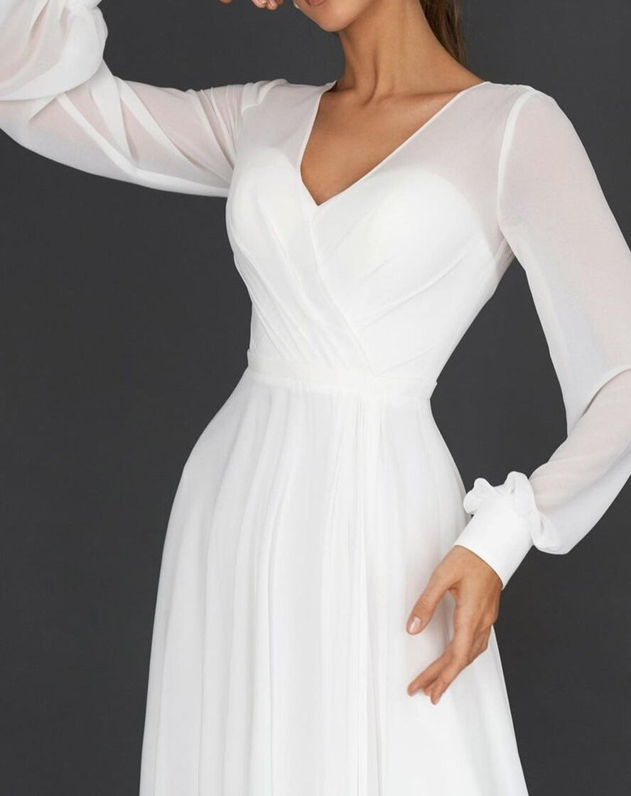 White Chiffon Flutter Dress with Deep V-Neck for Women