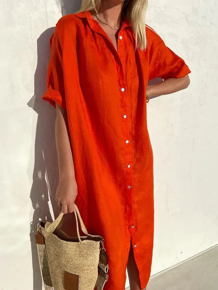 Wide-Sleeve Cotton Linen Dress with Button Accents