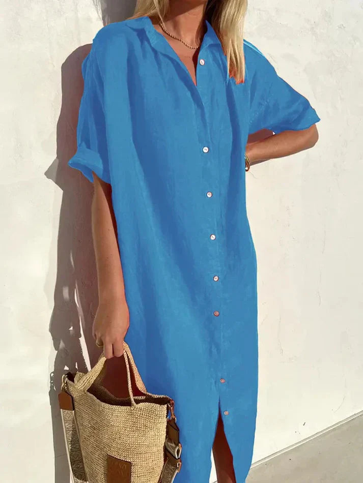 Wide-Sleeve Cotton Linen Dress with Button Accents