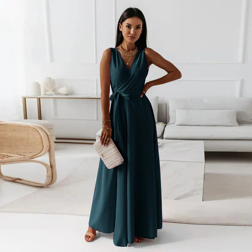 V-Neck Maxi Dress - Solid Colour, Floor-Length Fit