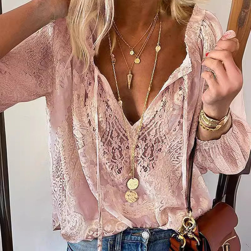 Lace-Trim Relaxed-Fit Top with Delicate Neckline Detail