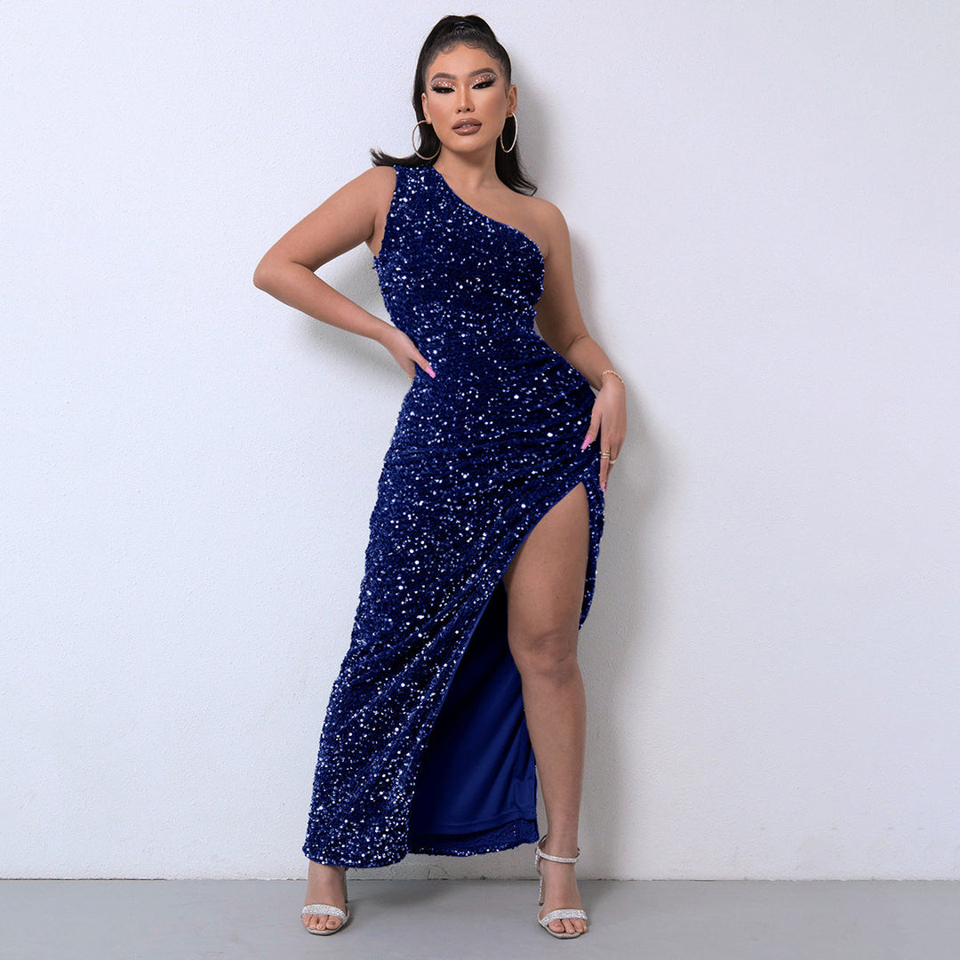 One-Shoulder Sequin Gown with a Dramatic High Slit