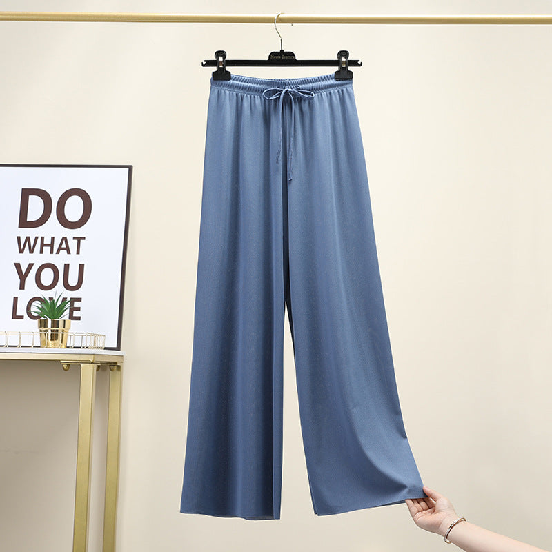 Ice Silk High Waist Wide-Leg Pants Trousers for Women - Blue