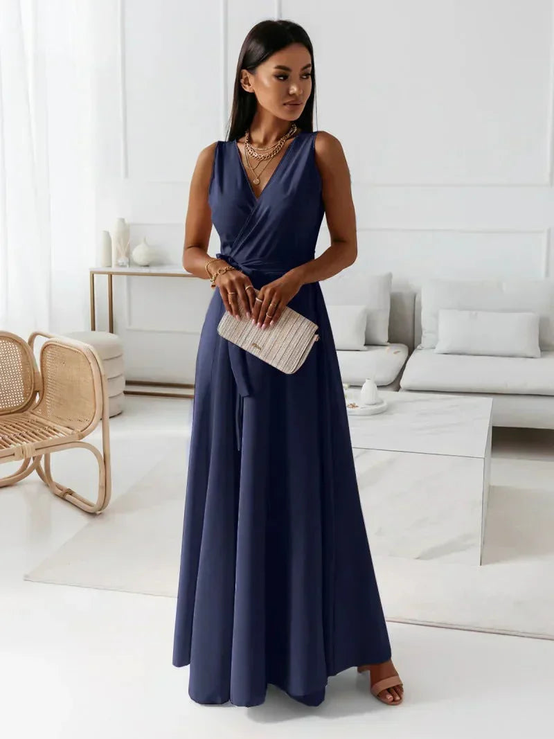 V-Neck Maxi Dress - Solid Colour, Floor-Length Fit