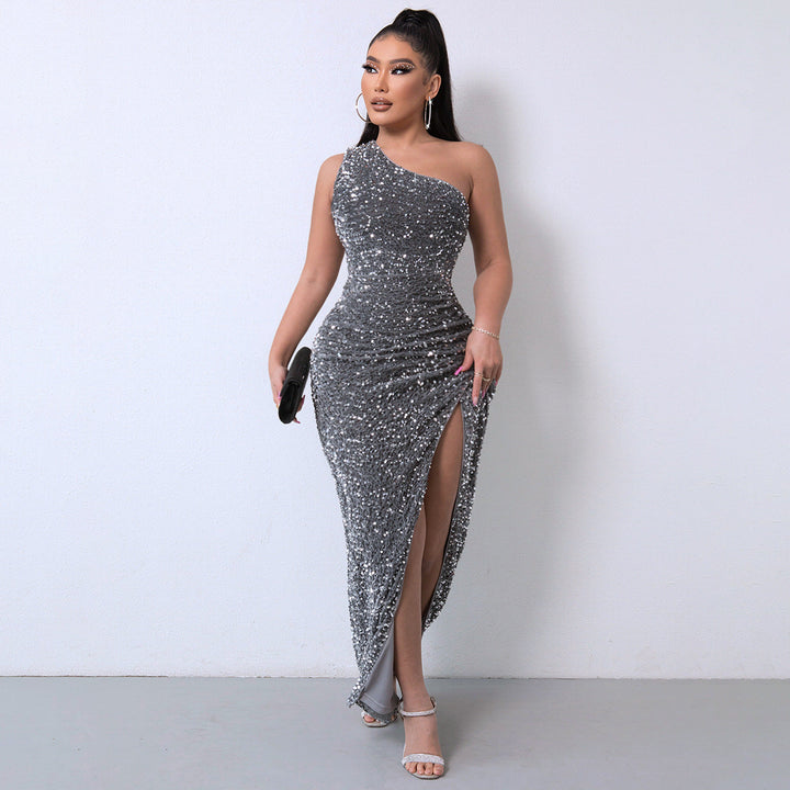 One-Shoulder Sequin Gown with a Dramatic High Slit