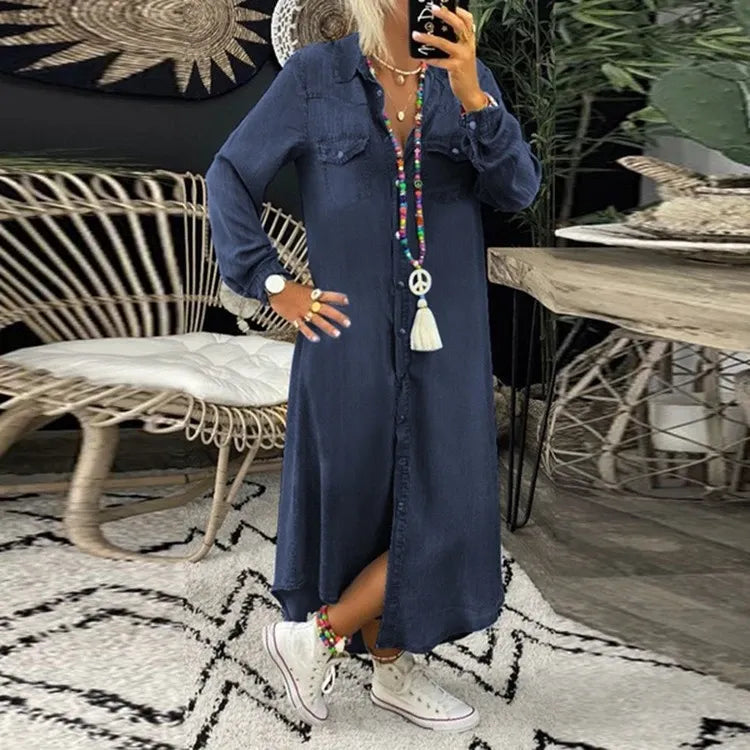 Button-Front Denim Dress with Side Pockets