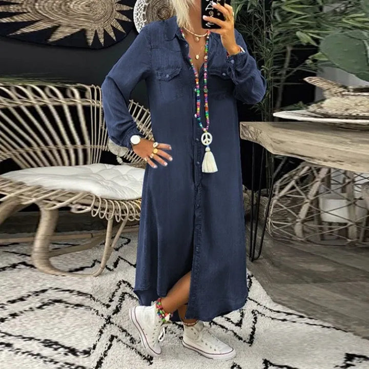 Button-Front Denim Dress with Side Pockets