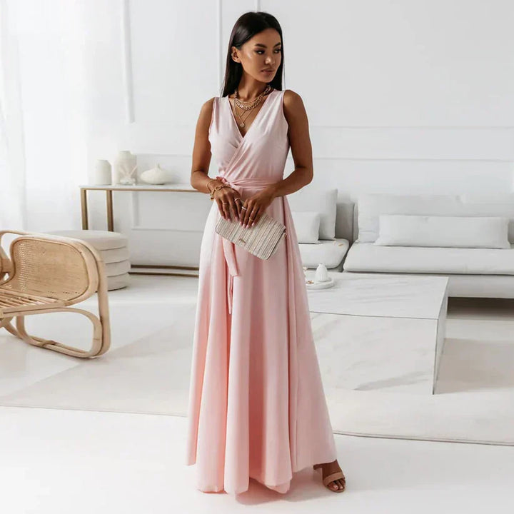 V-Neck Maxi Dress - Solid Colour, Floor-Length Fit