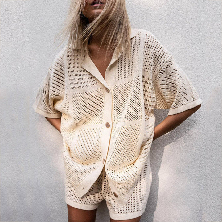 Crochet Co-ord Set with Button-Front Top and Shorts