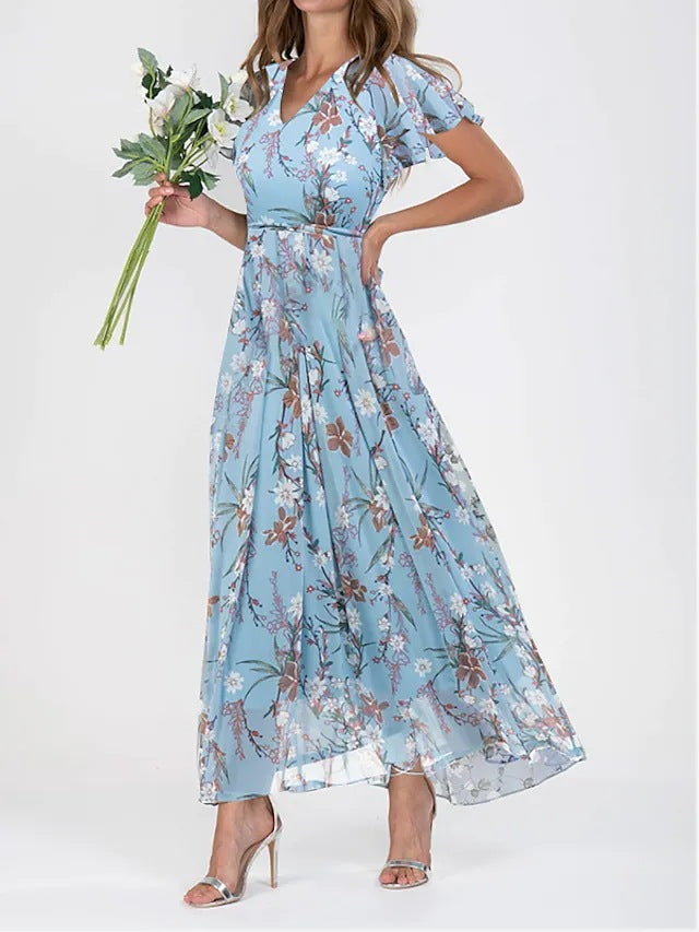 Printed Chiffon Dress with Ruffle Sleeves for Women