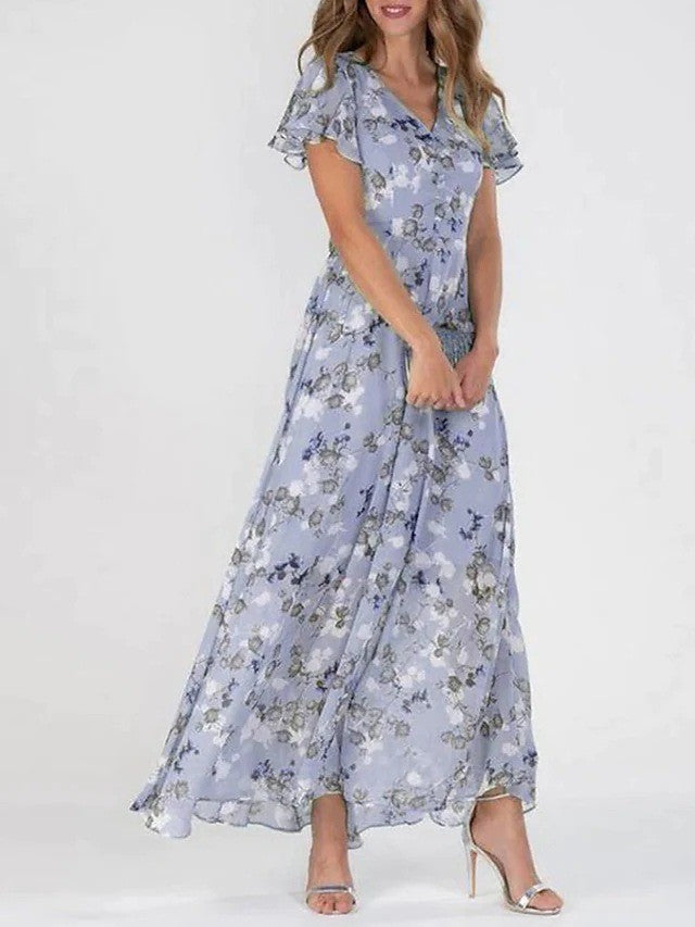 Printed Chiffon Dress with Ruffle Sleeves for Women