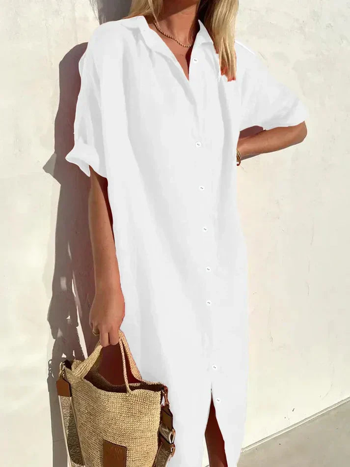 Wide-Sleeve Cotton Linen Dress with Button Accents