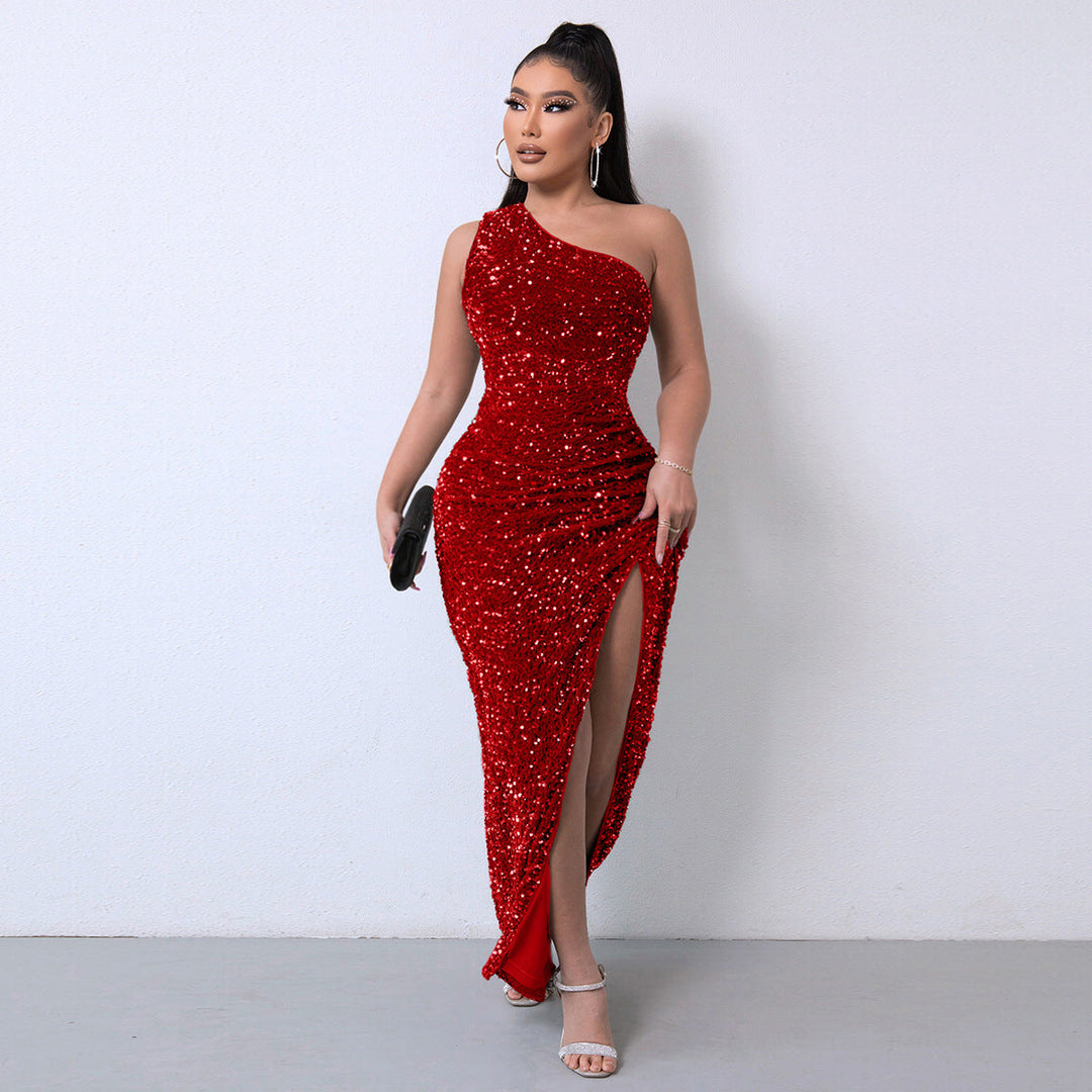 One-Shoulder Sequin Gown with a Dramatic High Slit