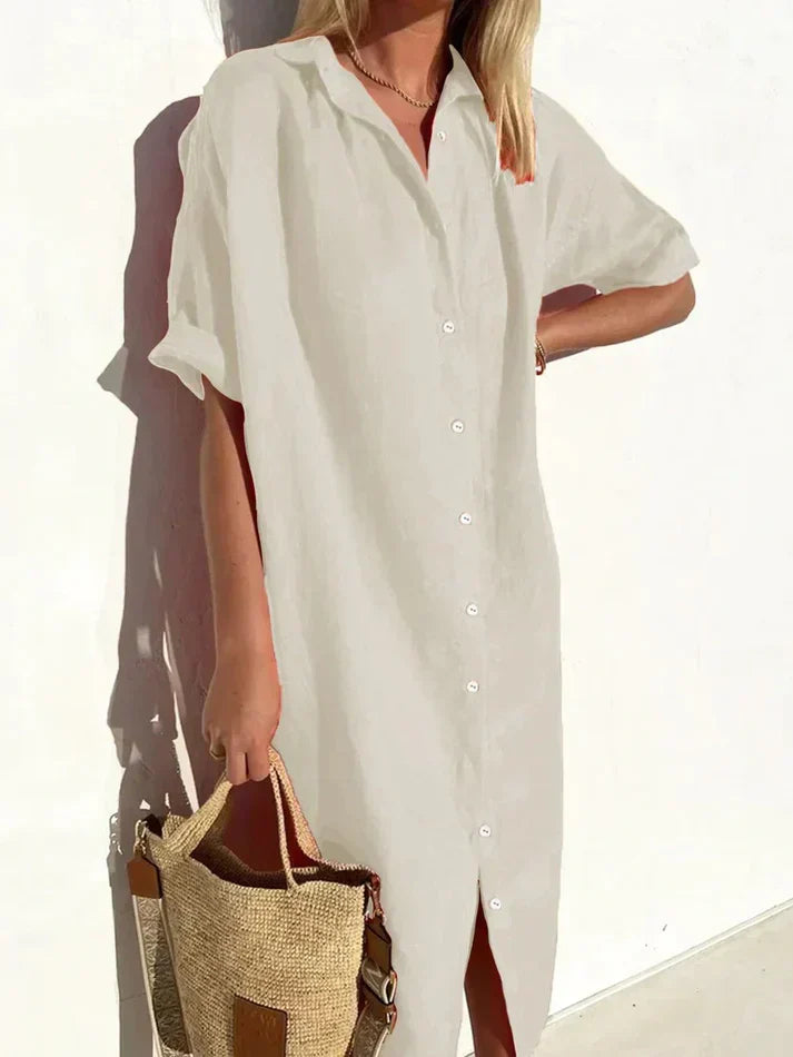 Wide-Sleeve Cotton Linen Dress with Button Accents