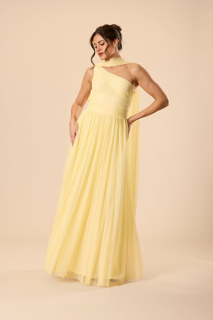 One Shoulder Tulle Maxi Dress in Buttercup Yellow with Scarf for Women - gallery
