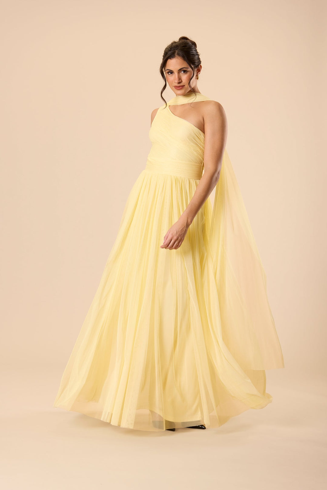 One Shoulder Tulle Maxi Dress in Buttercup Yellow with Scarf for Women
