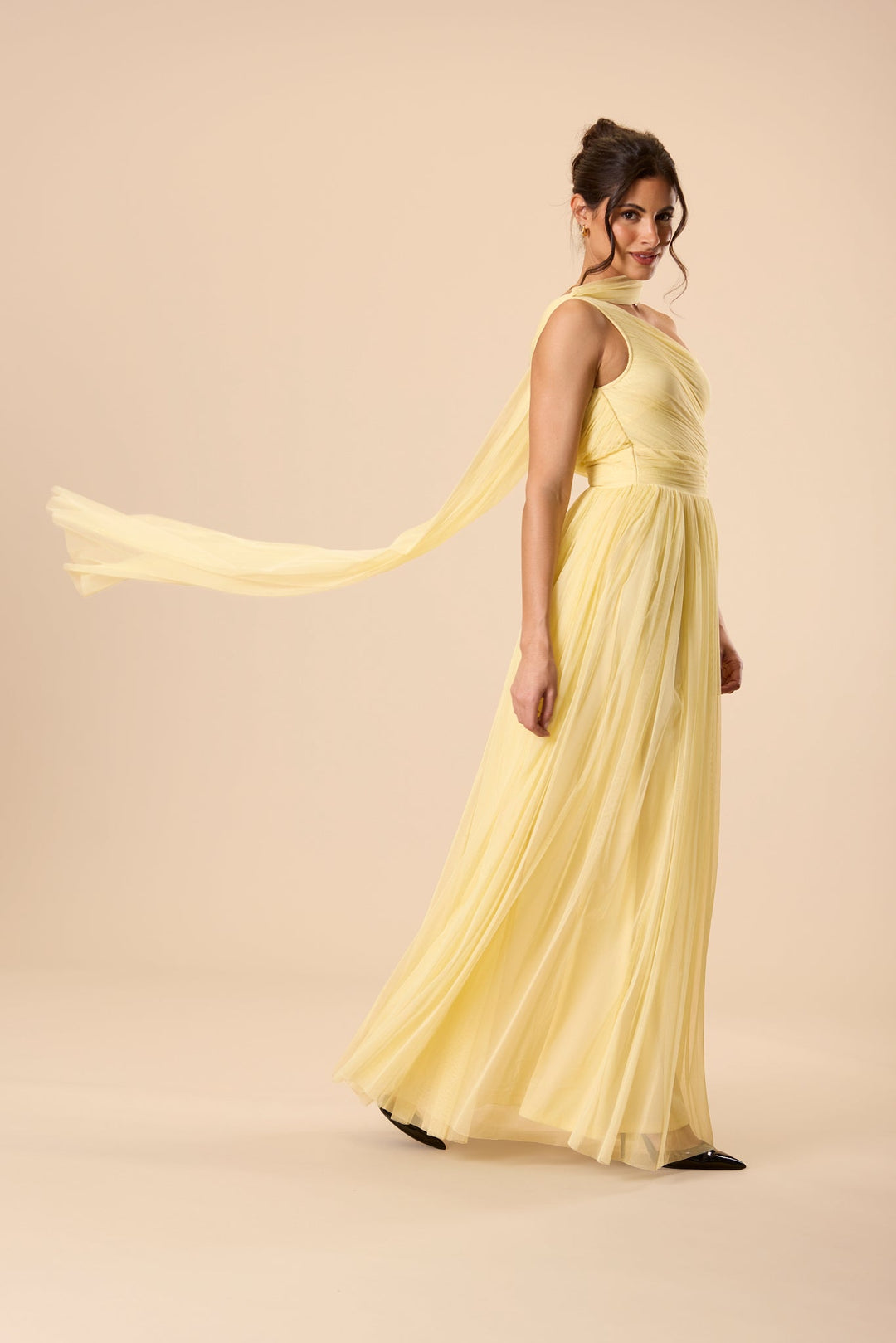 One Shoulder Tulle Maxi Dress in Buttercup Yellow with Scarf for Women - gallery