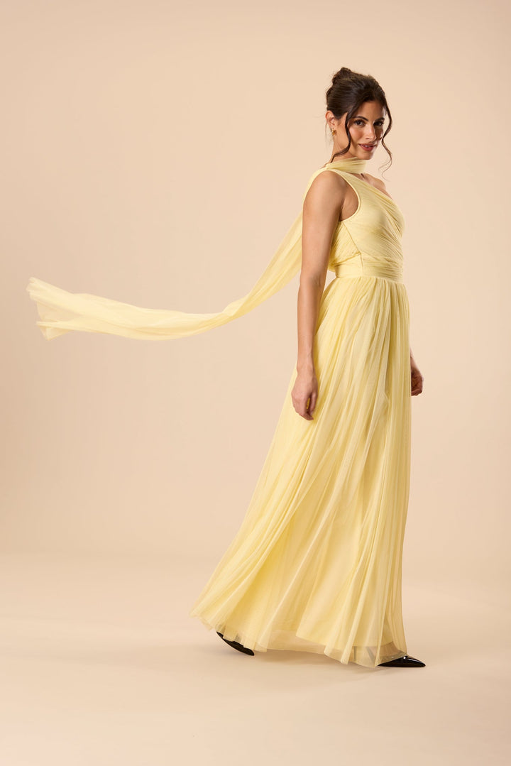 One Shoulder Tulle Maxi Dress in Buttercup Yellow with Scarf for Women - gallery