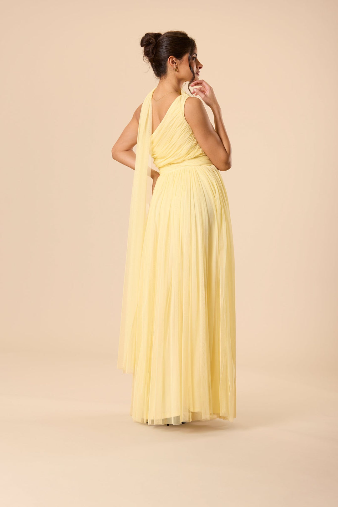 One Shoulder Tulle Maxi Dress in Buttercup Yellow with Scarf for Women - gallery