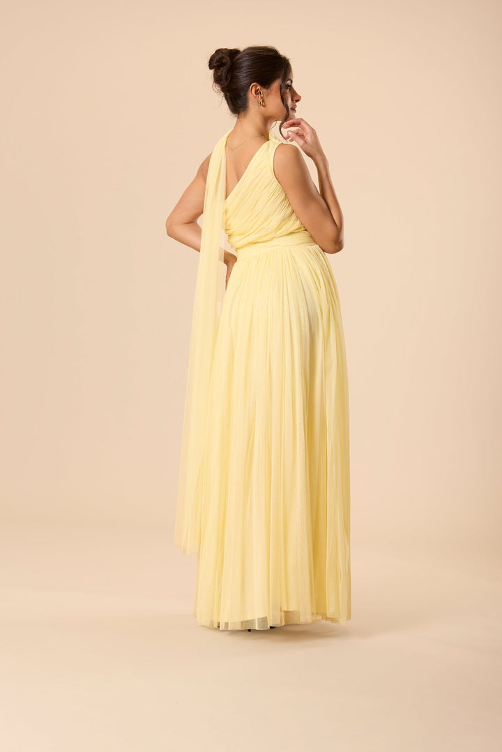 One Shoulder Tulle Maxi Dress in Buttercup Yellow with Scarf for Women - gallery