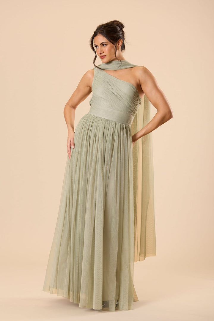 One Shoulder Tulle Maxi Dress in Dusty Sage with Scarf for Women - gallery