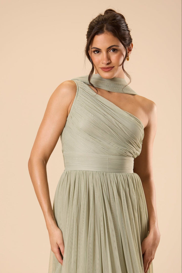 One Shoulder Tulle Maxi Dress in Dusty Sage with Scarf for Women - gallery