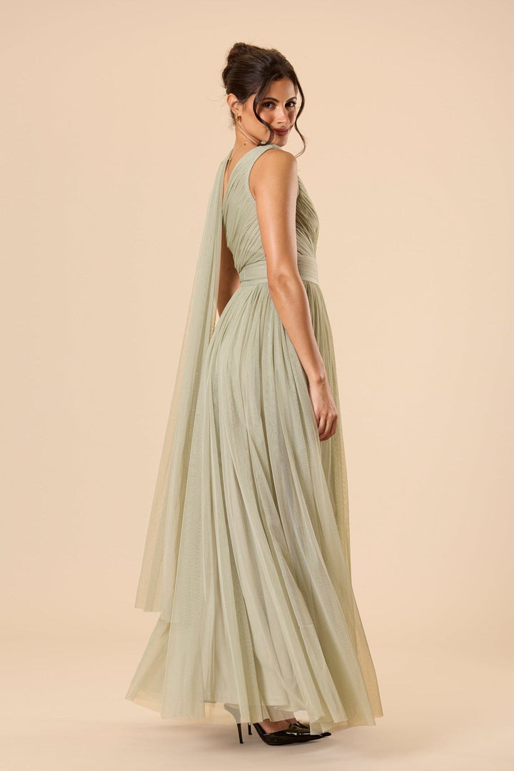 One Shoulder Tulle Maxi Dress in Dusty Sage with Scarf for Women