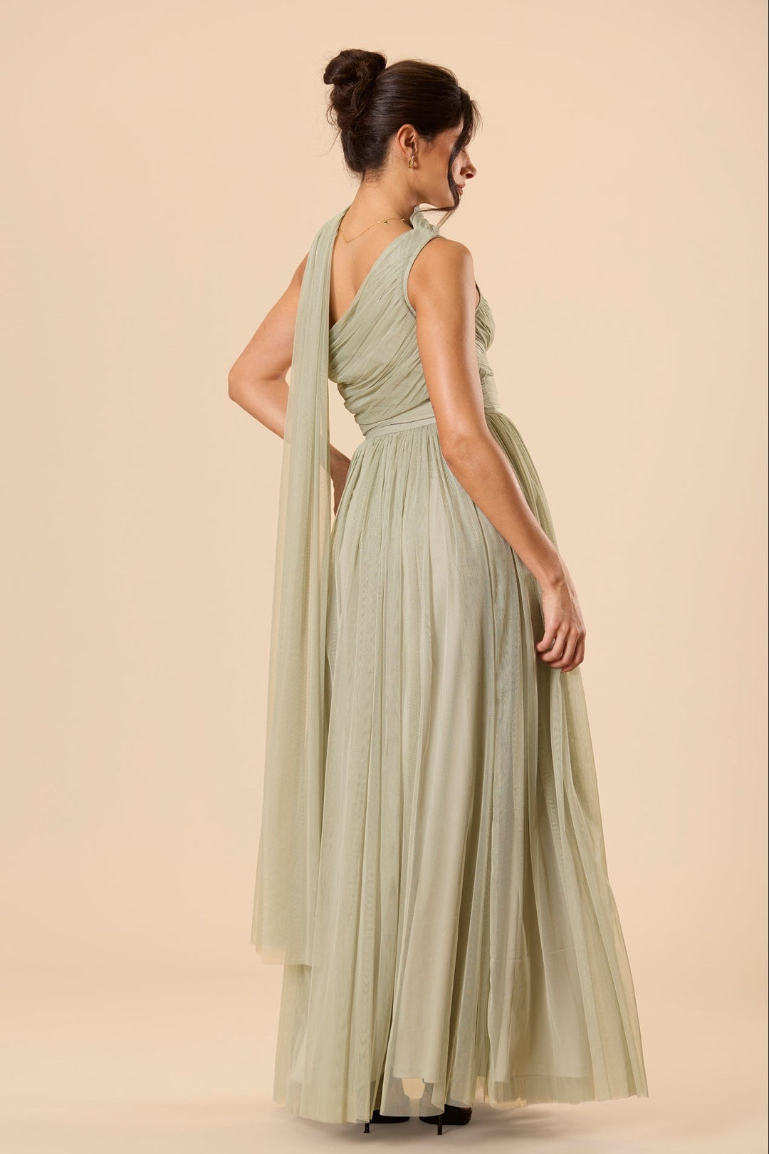 One Shoulder Tulle Maxi Dress in Dusty Sage with Scarf for Women - gallery