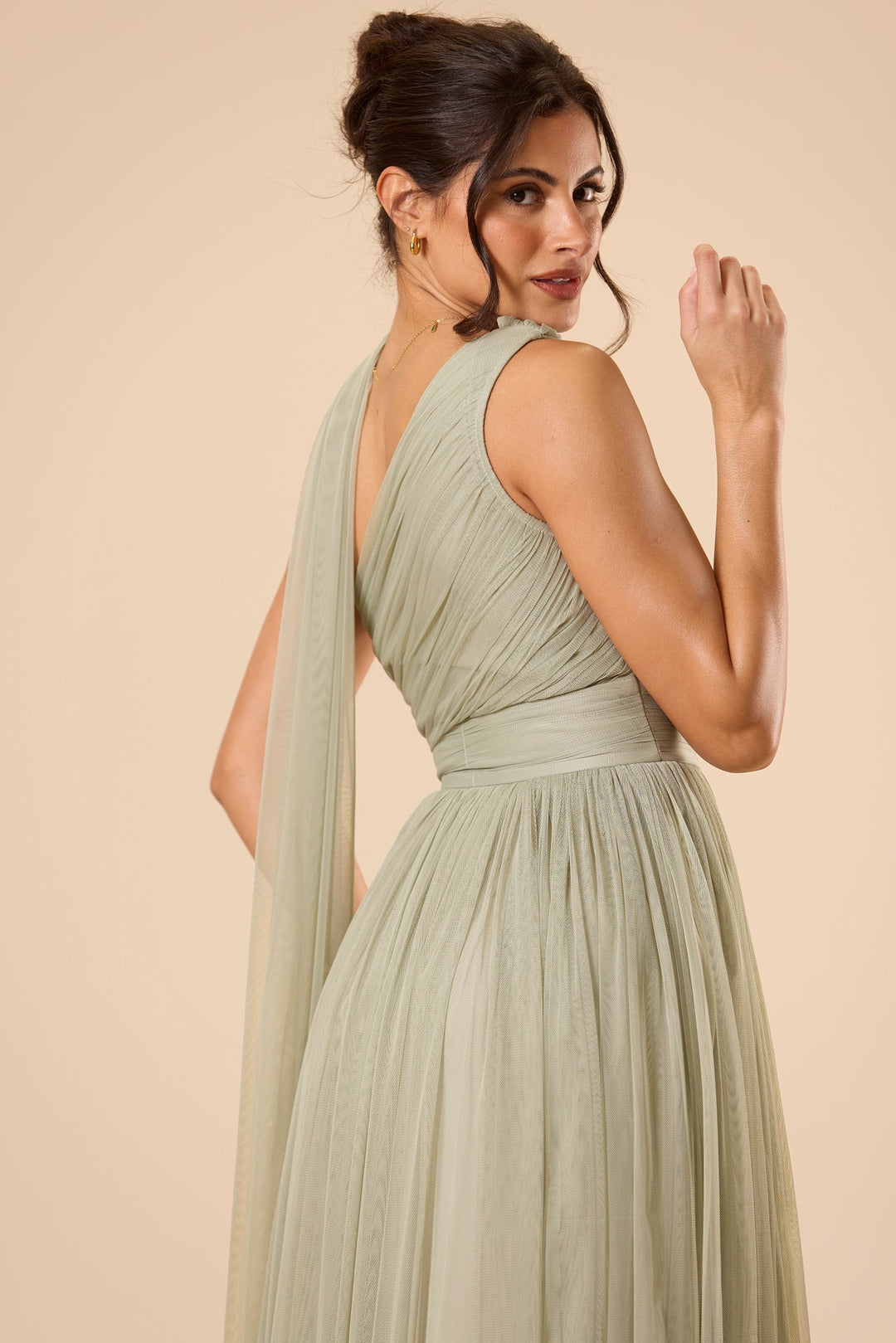 One Shoulder Tulle Maxi Dress in Dusty Sage with Scarf for Women - gallery