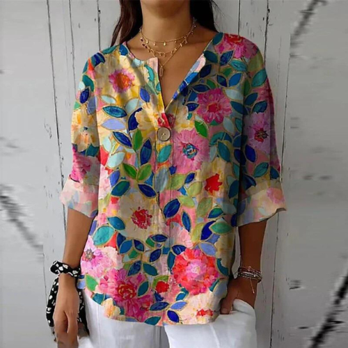 Floral Cotton Blouse with Button Placket for Women