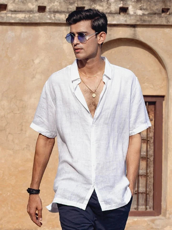 Patch Pocket White Linen Shirt for Men
