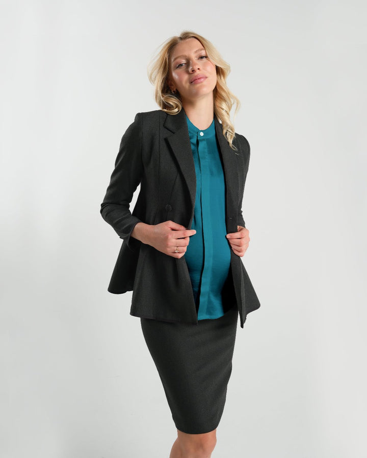 Short Sleeve Satin Maternity Shell Top with Concealed Nursing Zip — gallery