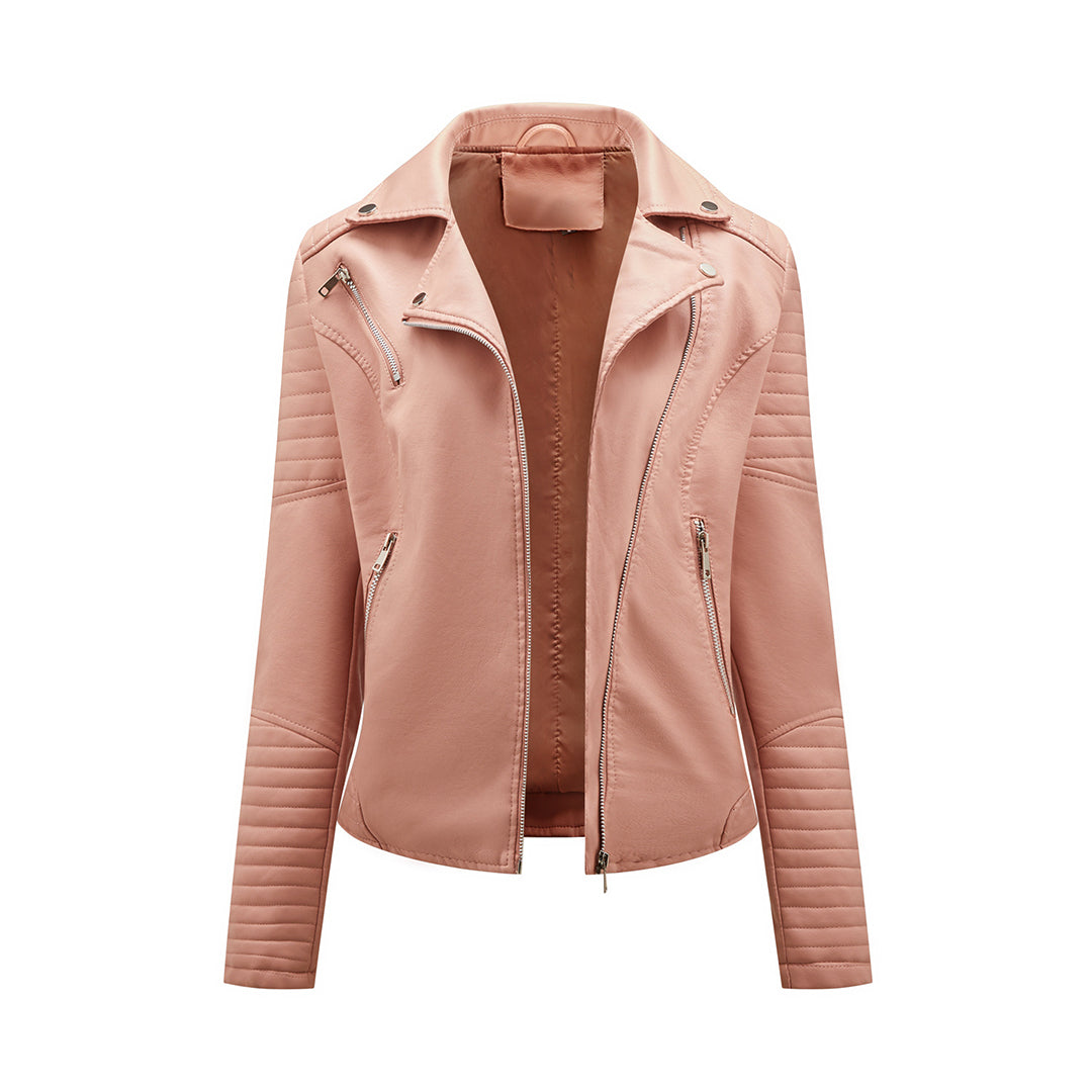 Asymmetric Zip PU Jacket with Lapel Collar for Women