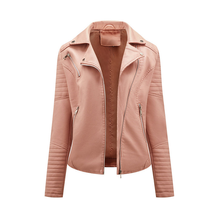 Asymmetric Zip PU Jacket with Lapel Collar for Women