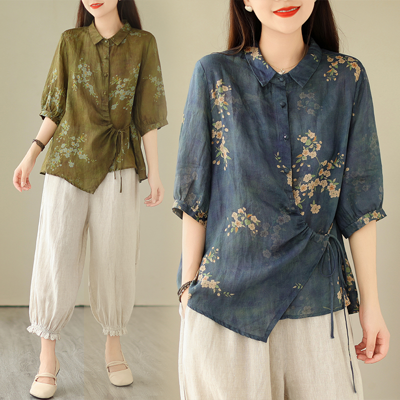 Plus Size Side Tie Floral Shirt Blouse for Women