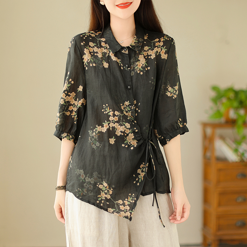 Plus Size Side Tie Floral Shirt Blouse for Women - gallery