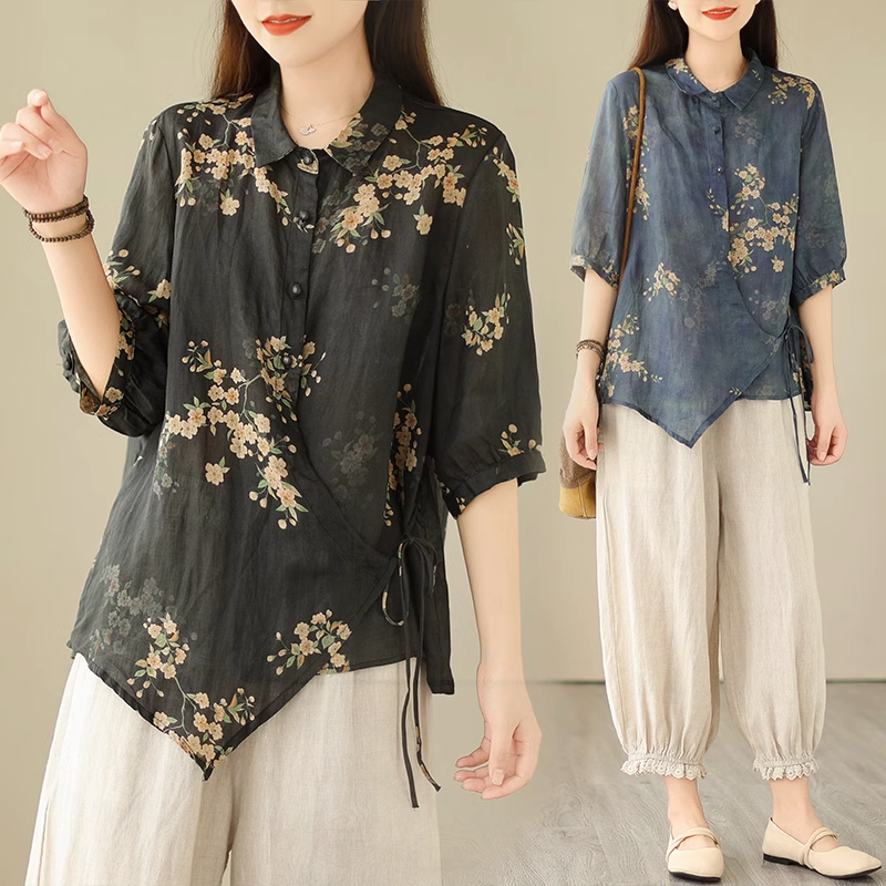Plus Size Side Tie Floral Shirt Blouse for Women - gallery