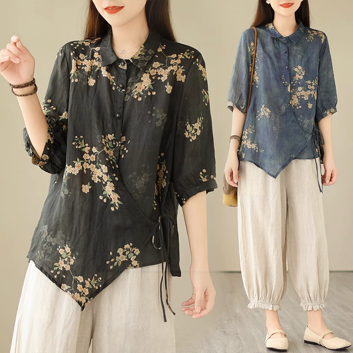 Plus Size Side Tie Floral Shirt Blouse for Women - gallery
