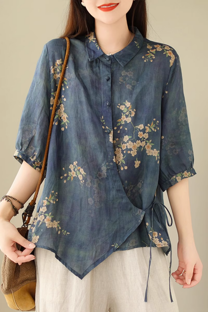 Plus Size Side Tie Floral Shirt Blouse for Women - gallery