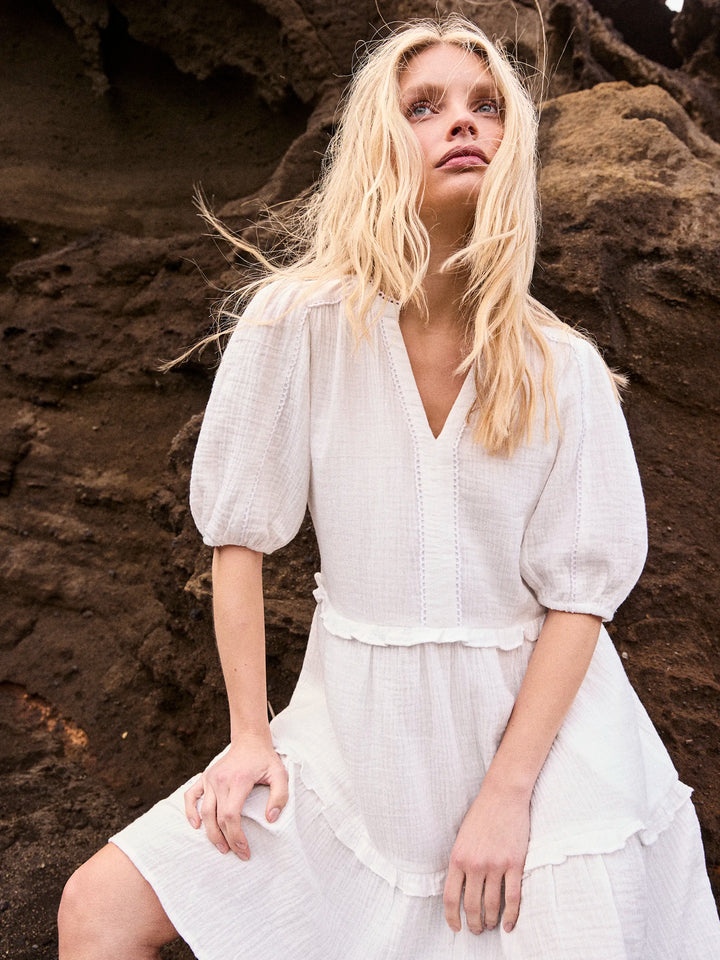 Petite Ivory Cheesecloth Frill-Detail Mini Dress for Women - gallery