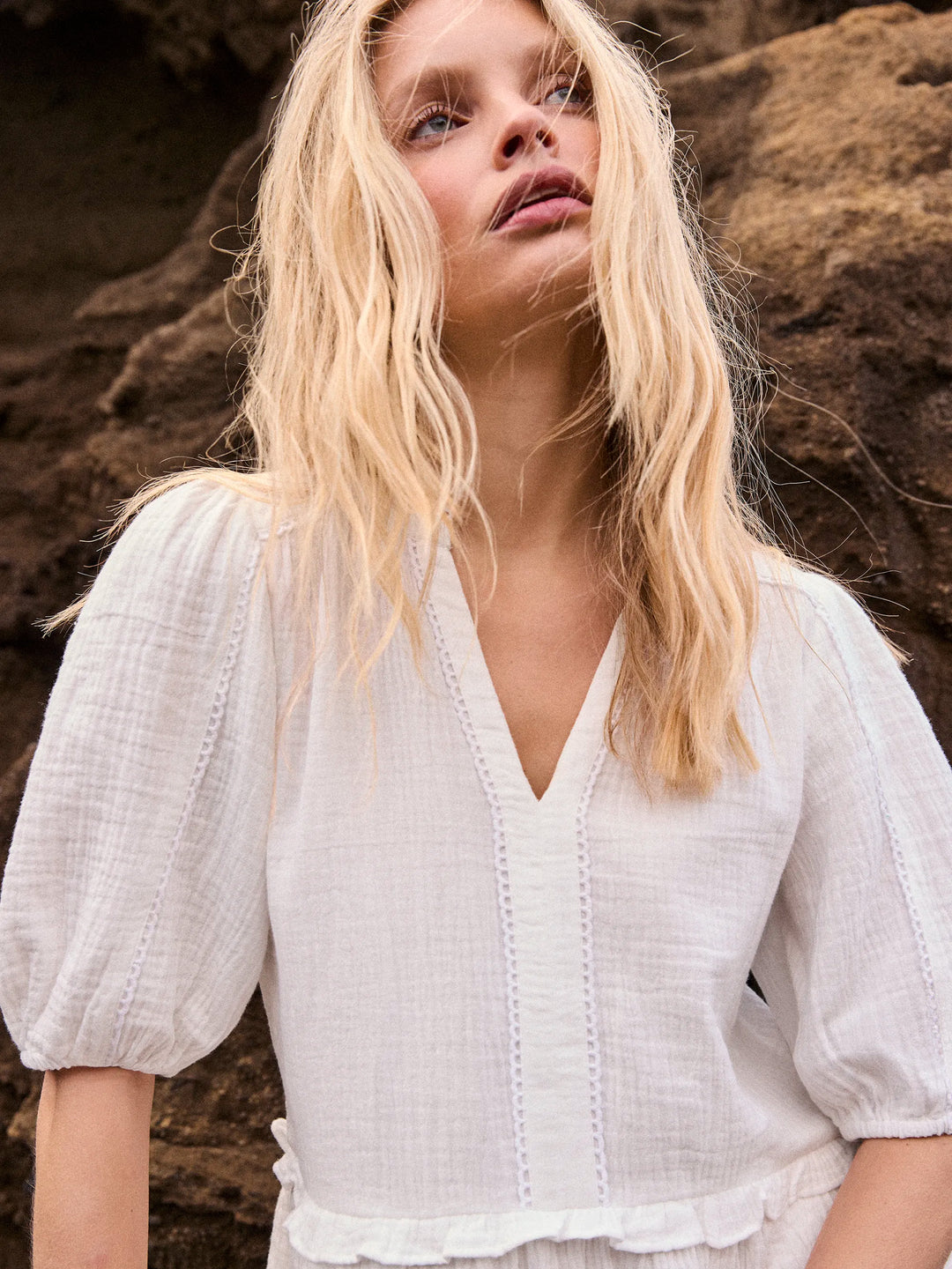 Petite Ivory Cheesecloth Frill-Detail Mini Dress for Women - gallery