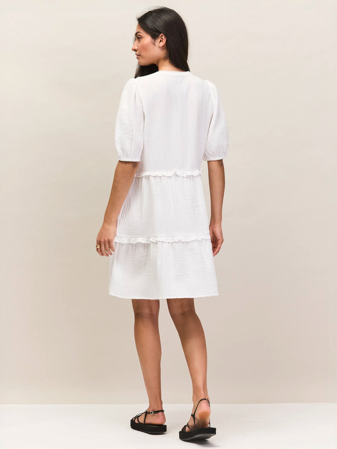 Petite Ivory Cheesecloth Frill-Detail Mini Dress for Women - gallery