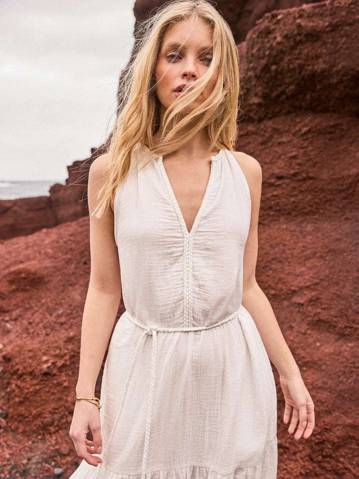 Ivory Cheesecloth Rope Belt Dress for Women - gallery