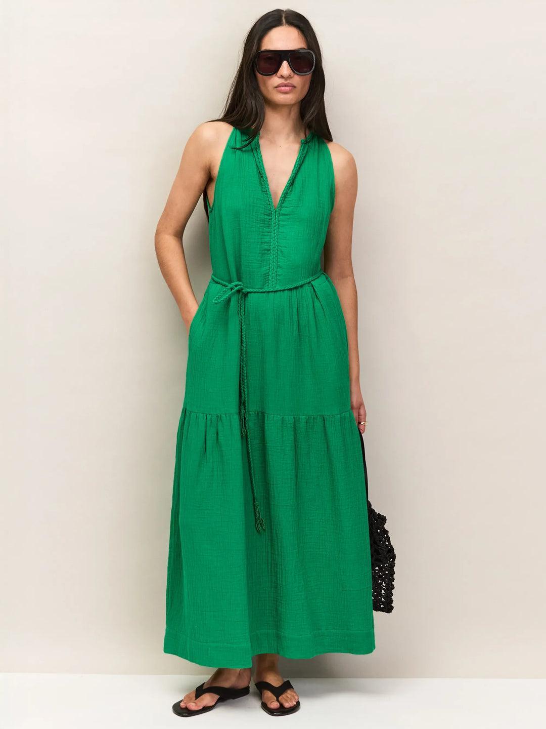 Green Cheesecloth Rope Belt Dress for Women
