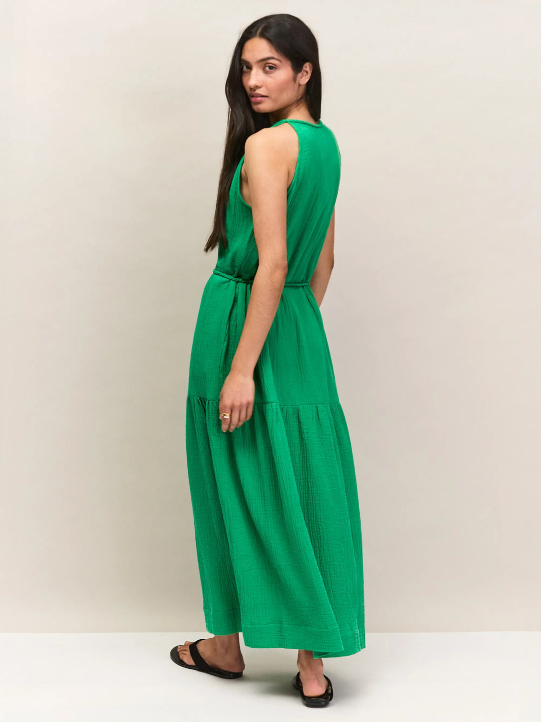 Green Cheesecloth Rope Belt Dress for Women - gallery