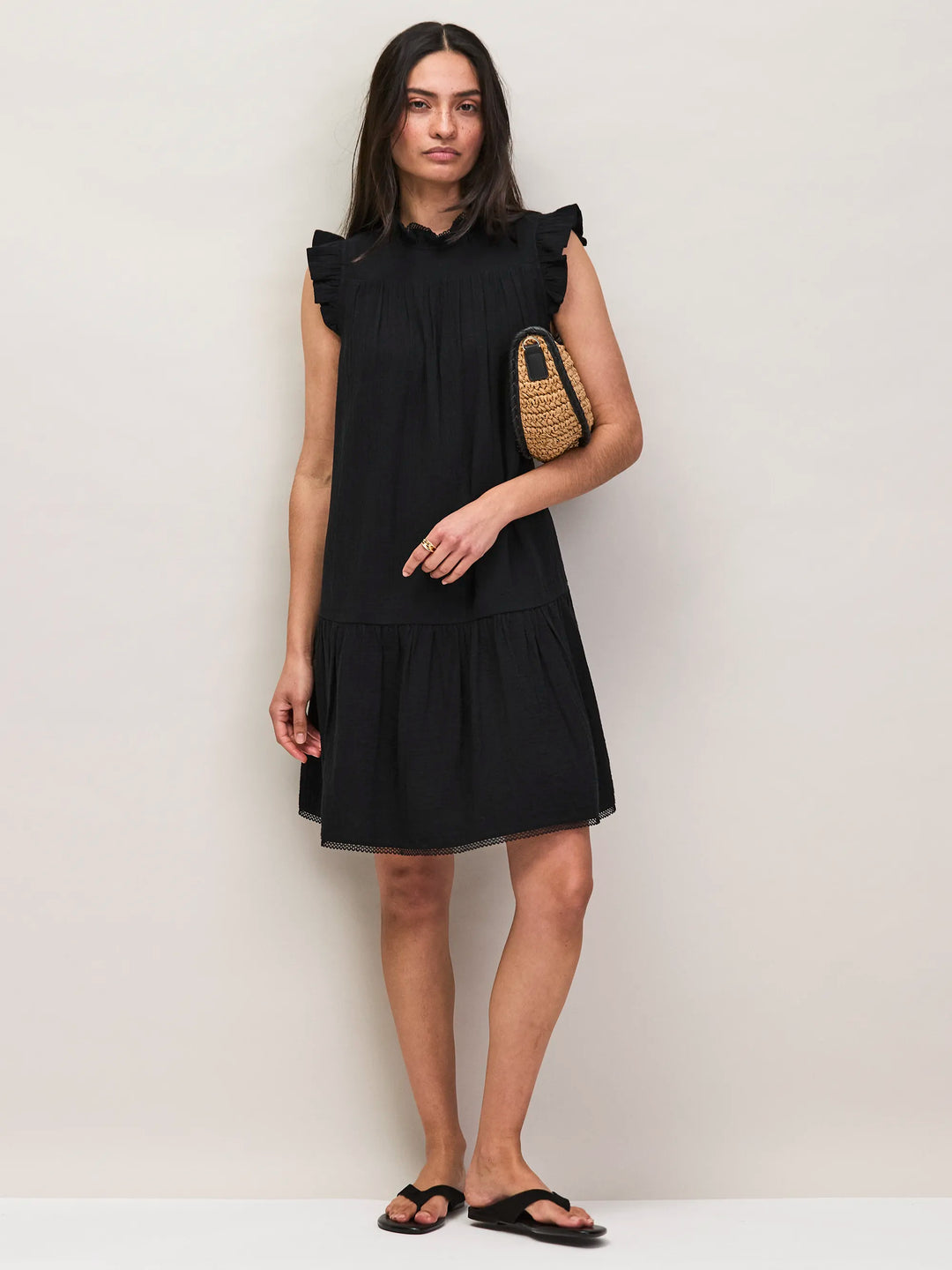 Black Cheesecloth Frill Neck Mini Dress for Women